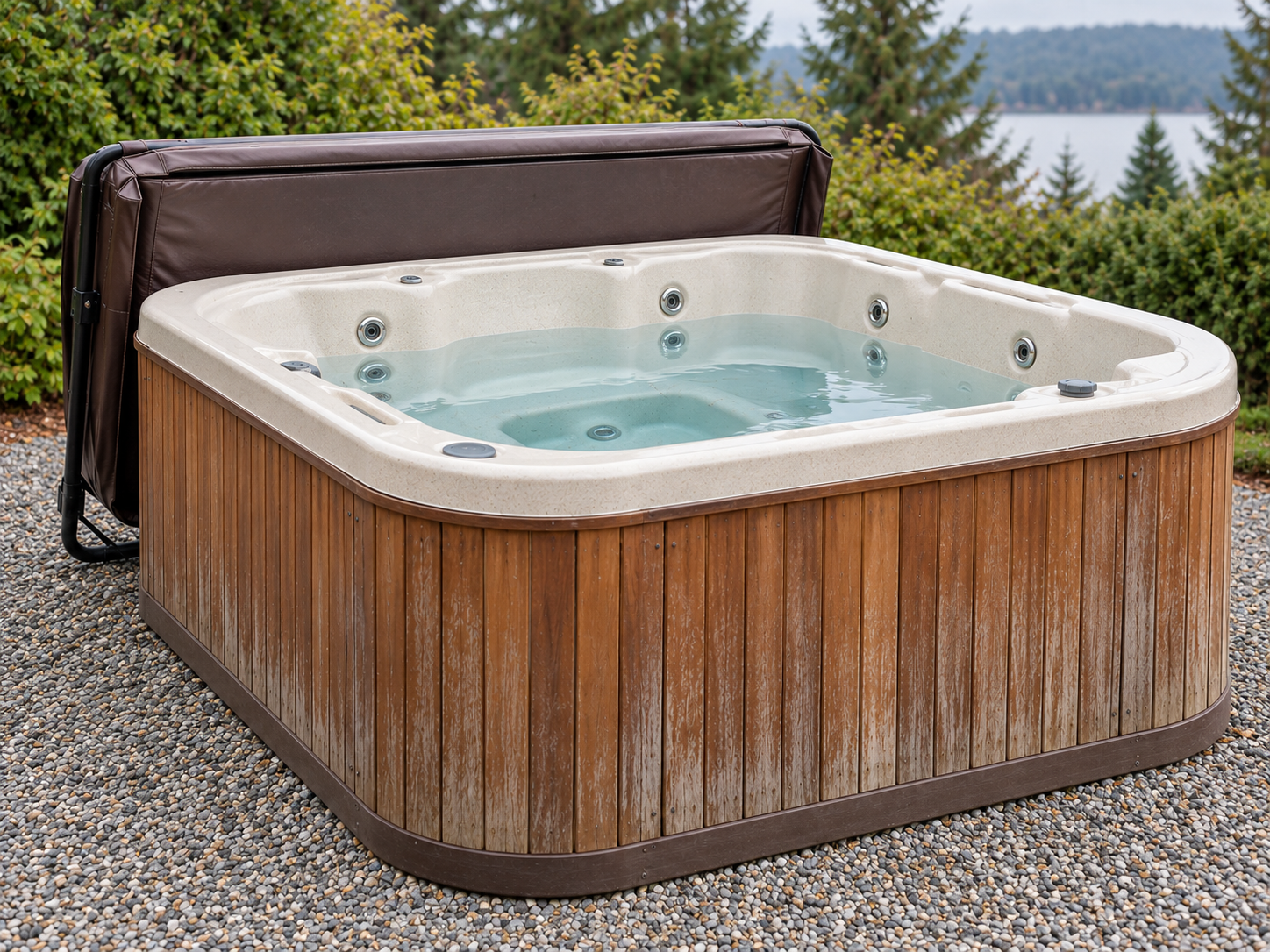 Illustration of an older hot tub with a weathered wood cabinet