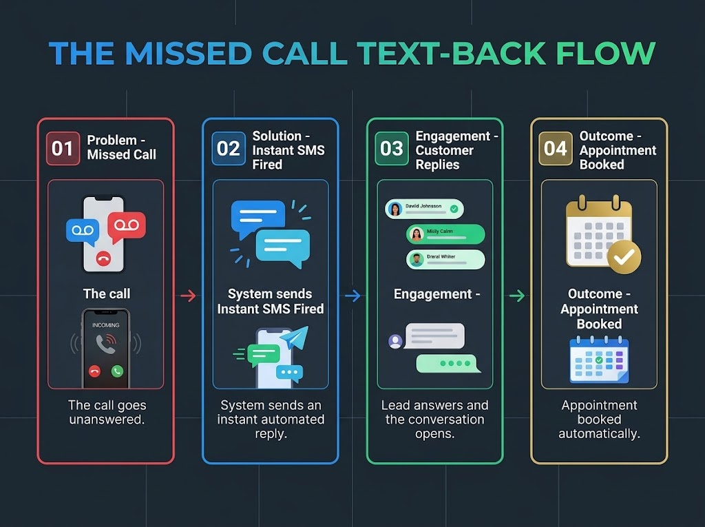 visual on how the missed call text-back workflow works