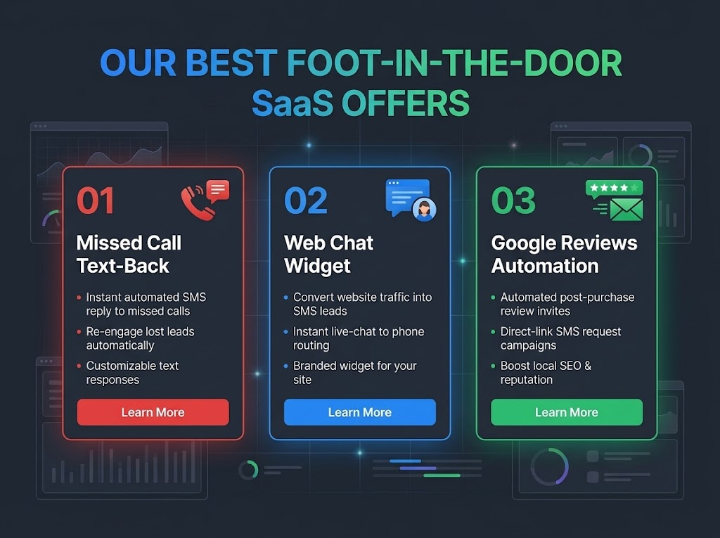 3 distinct micro-offers: Missed Call Text-Back, Web Chat, and Google Reviews.