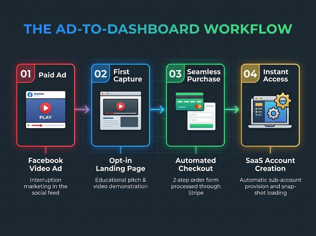 Facebook video ad to SaaS account creation workflow diagram