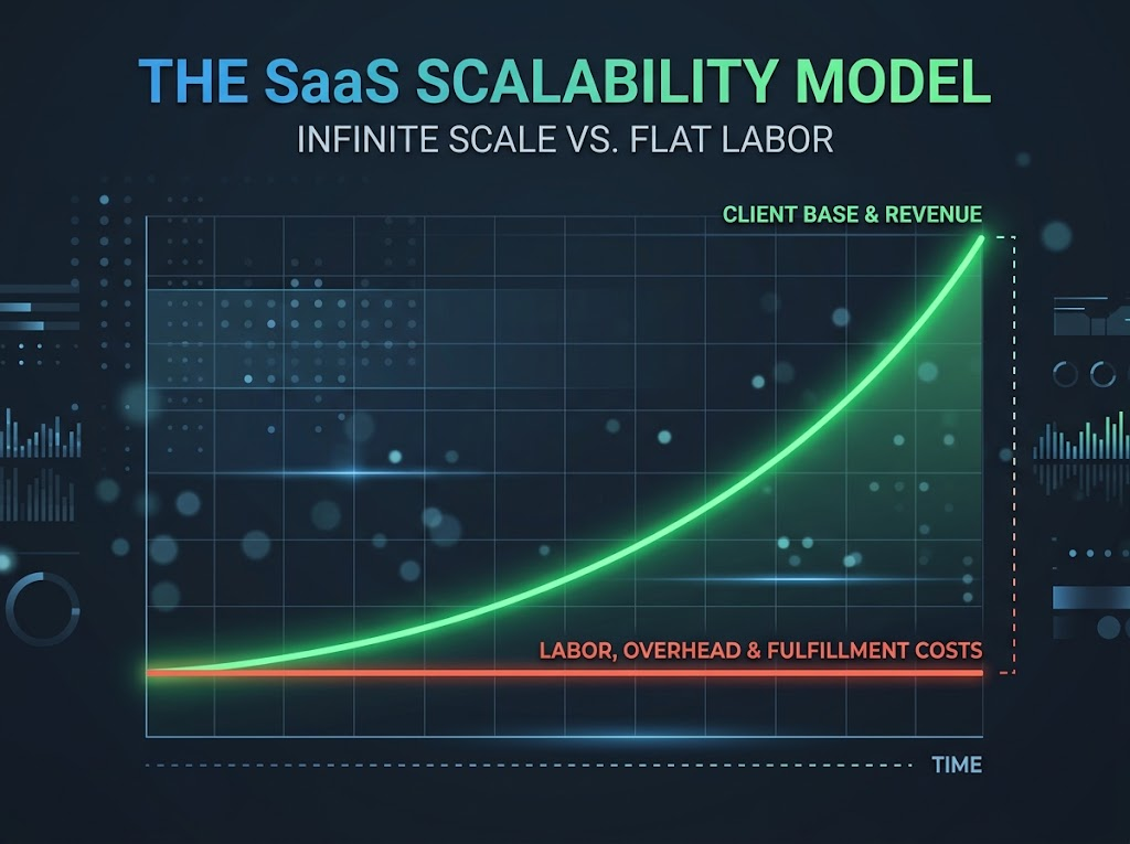 SaaS scalability graph showing flat overhead and exponential client growth