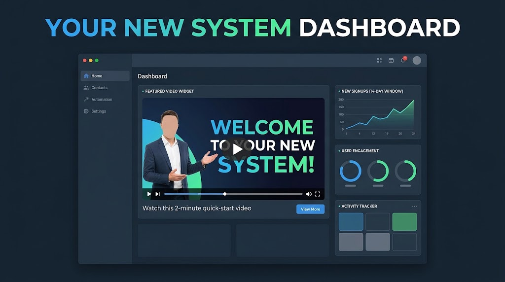 GoHighLevel custom dashboard with branded welcome video and key business metrics