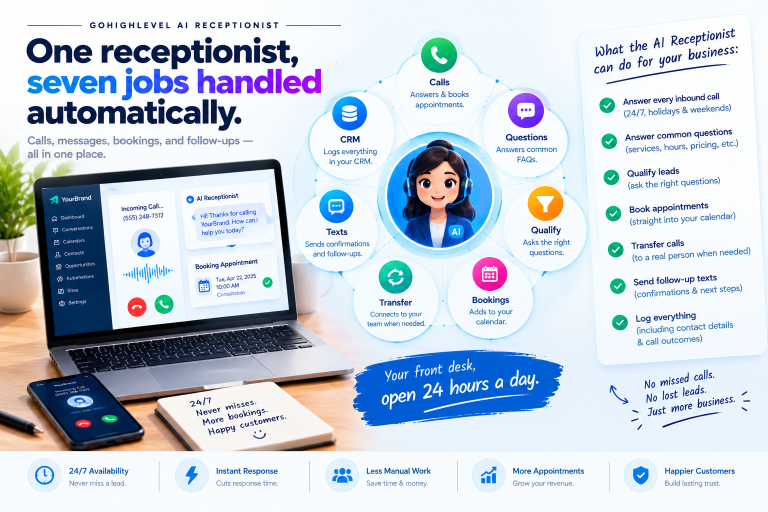 Features of the GoHighLevel AI receptionist including booking and call transfer
