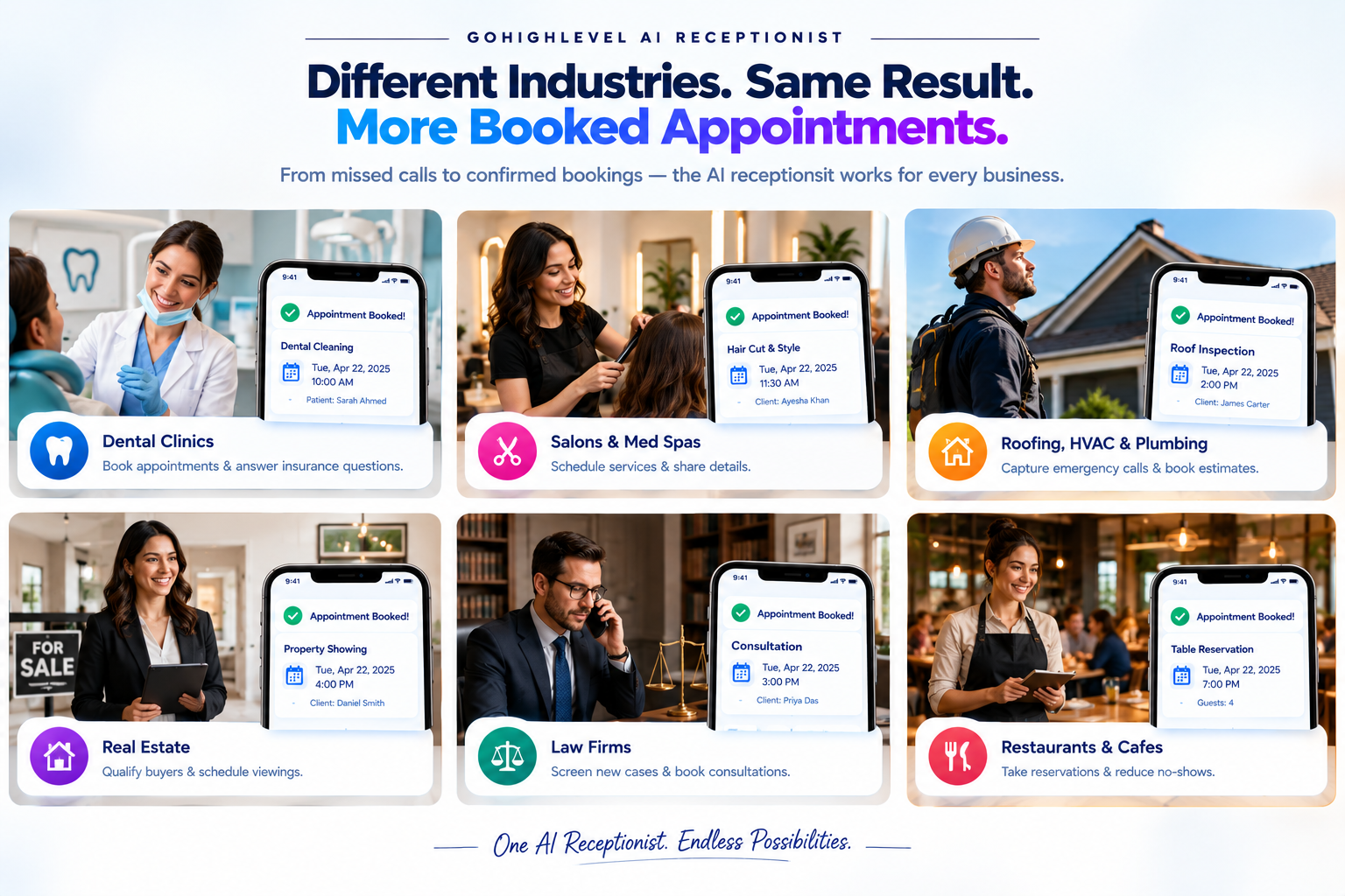 Industries using the GoHighLevel AI receptionist to book appointments