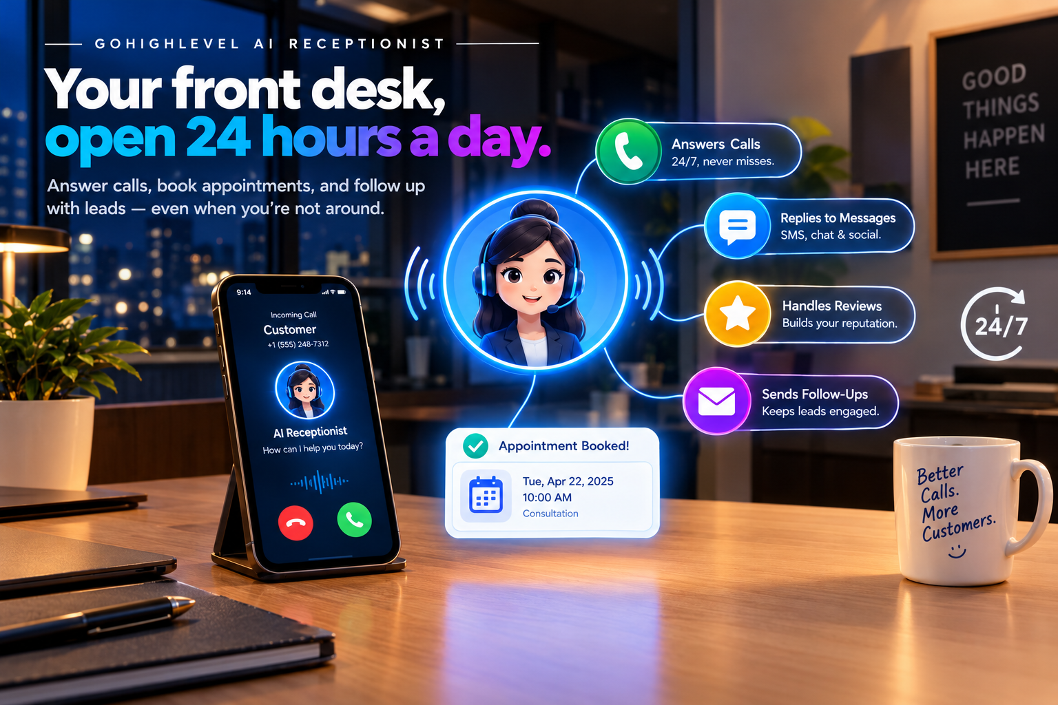 GoHighLevel AI receptionist answering an after-hours business call