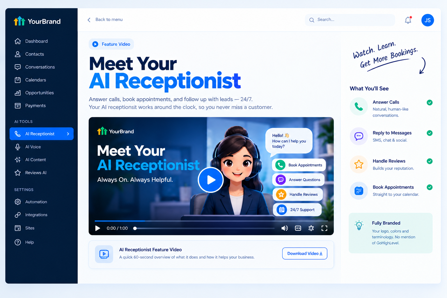 White-label feature video explaining a GoHighLevel AI receptionist