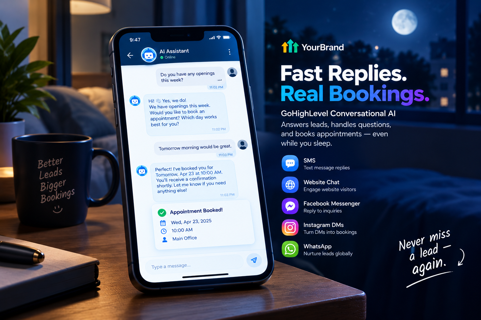 GoHighLevel conversational AI replying to a lead and booking an appointment at night