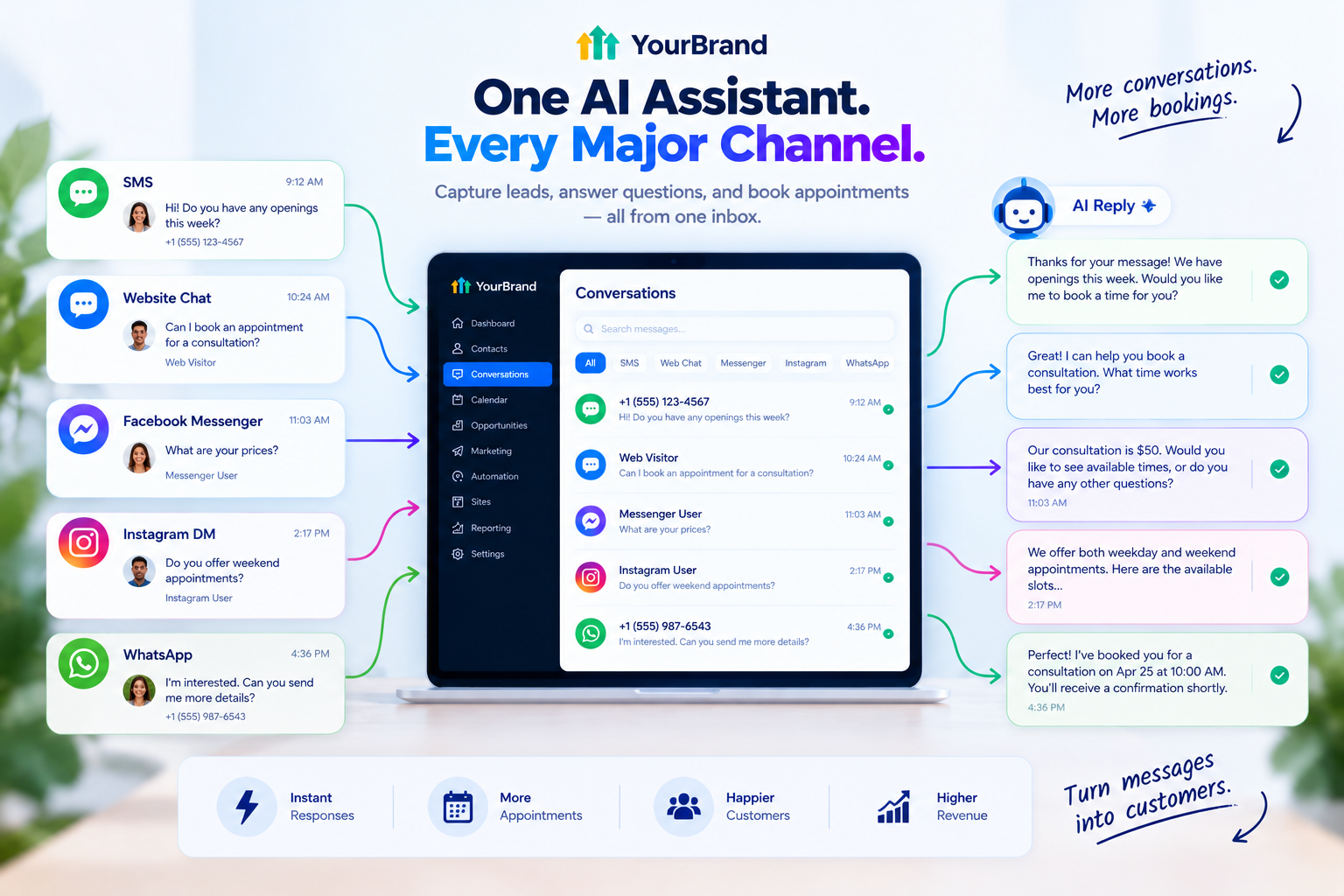 Website chat powered by GoHighLevel conversational AI booking a consultation