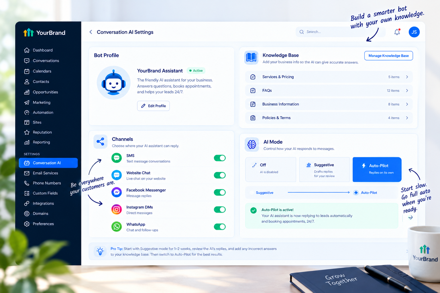 Setting up GoHighLevel conversational AI with knowledge base and channel settings