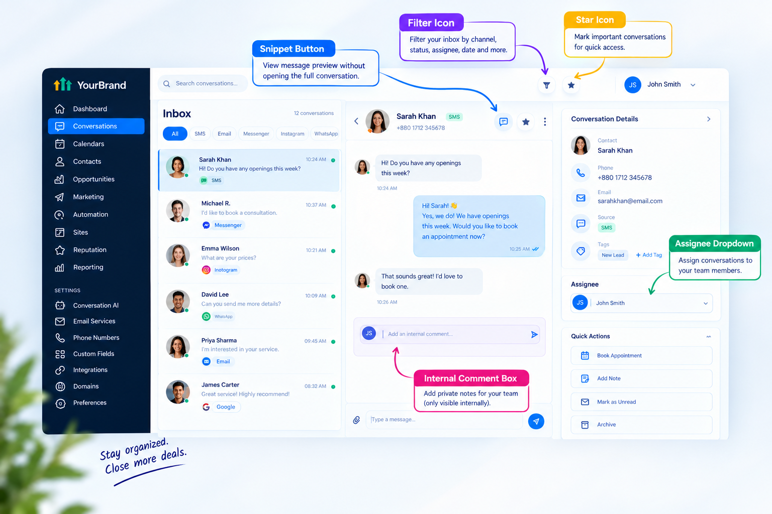 GoHighLevel unified inbox features including snippets, internal comments, and assignment