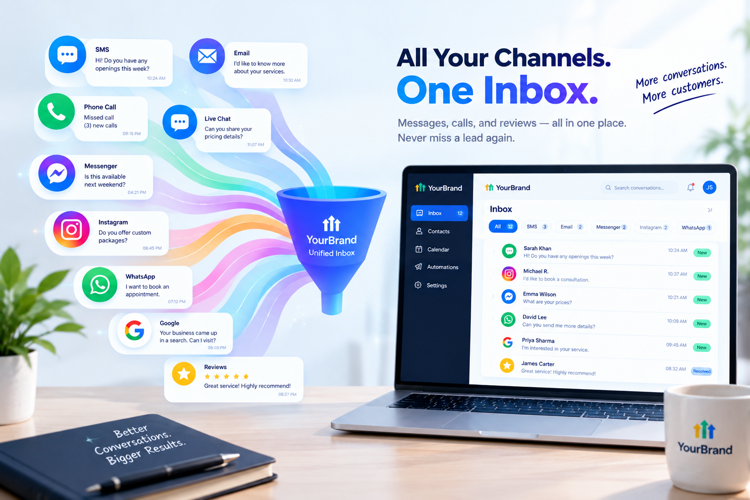 Channels connected to the GoHighLevel unified inbox including SMS, email, and social