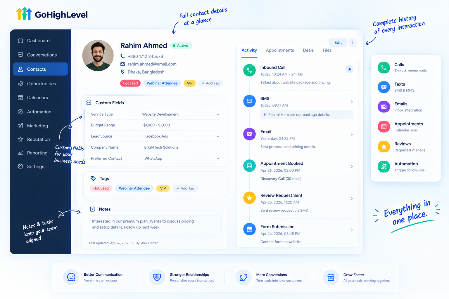 GoHighLevel CRM contact record with full activity history