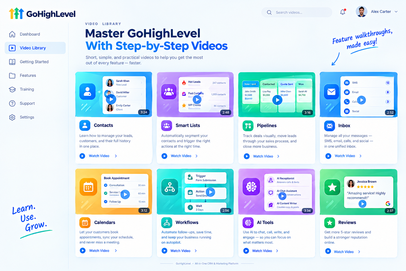 White-label feature video library explaining GoHighLevel CRM features