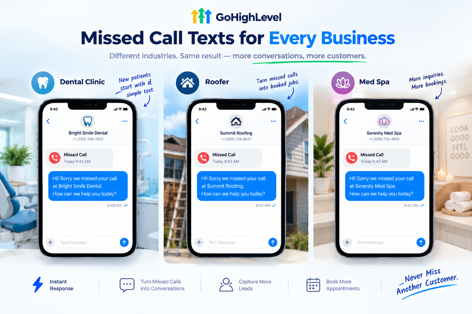 Missed call text back message templates for different industries