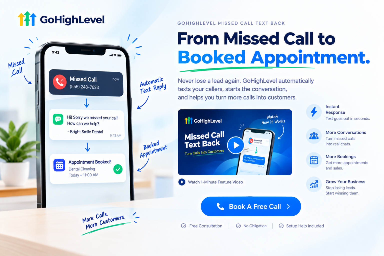 Book a free call for a GoHighLevel missed call text back feature video