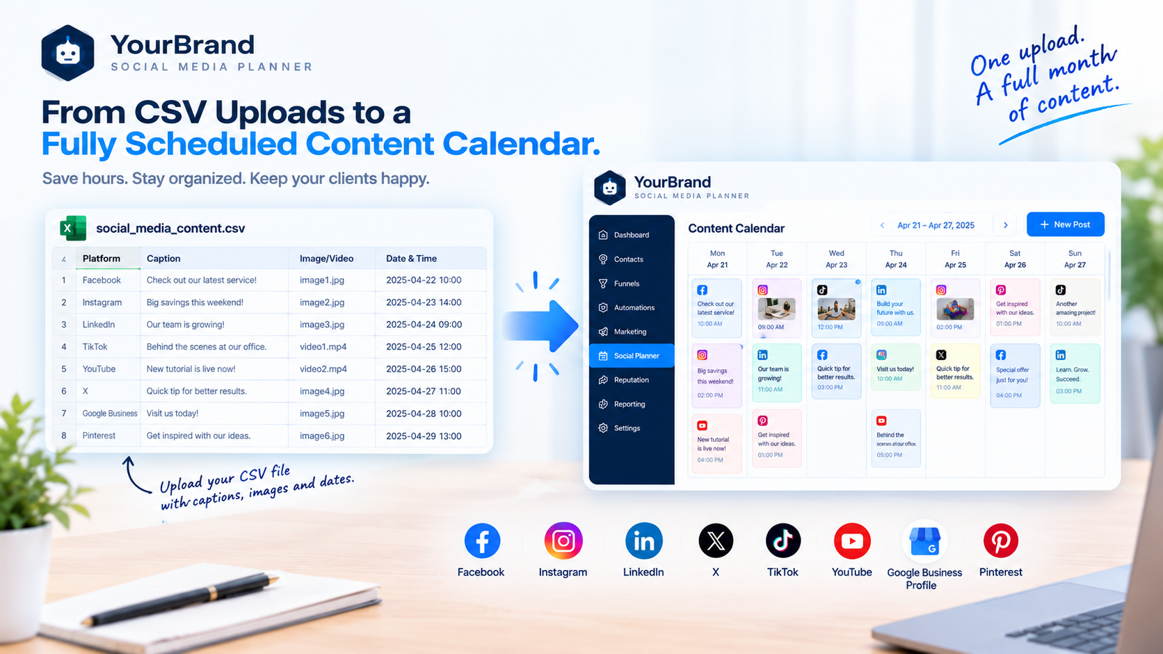 GoHighLevel social media planner CSV bulk upload filling a content calendar