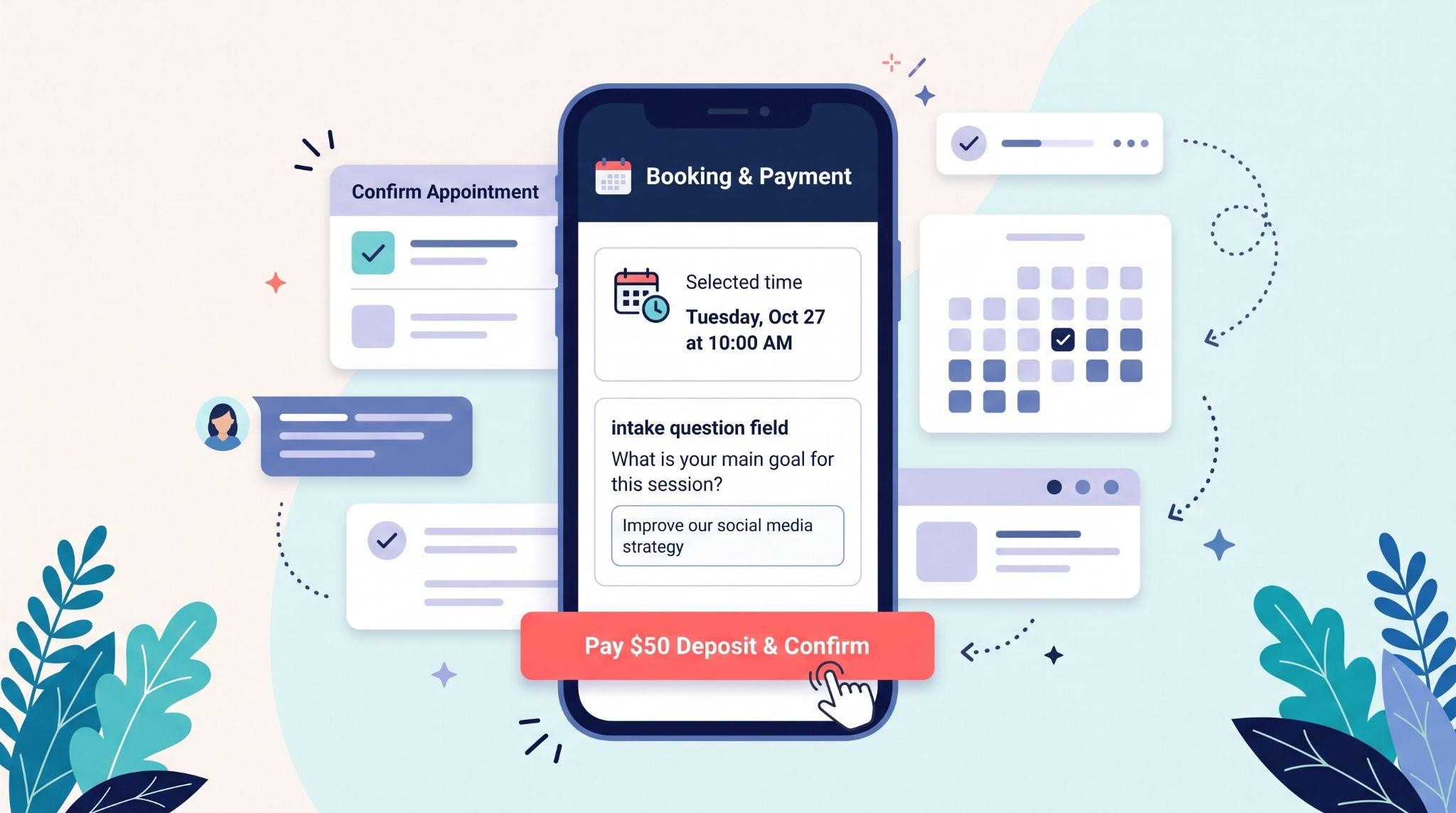 GoHighLevel calendar booking page with intake form and deposit payment