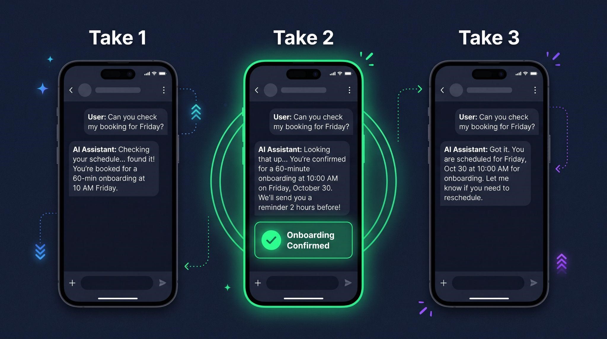 Recording multiple takes of AI responses for a product demo video