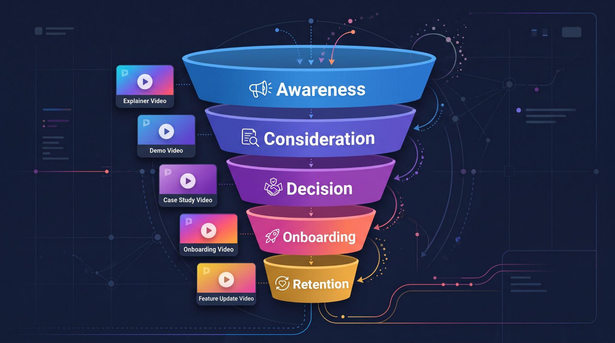 AI SaaS video marketing funnel with video types for each stage