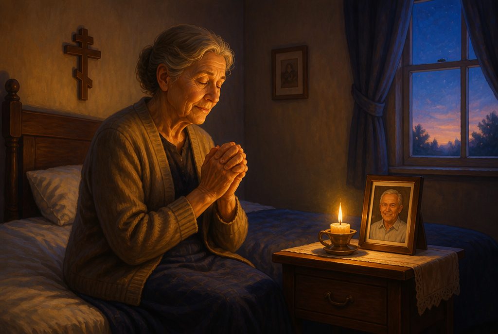 A woman prays by candlelight on the edge of her bed
