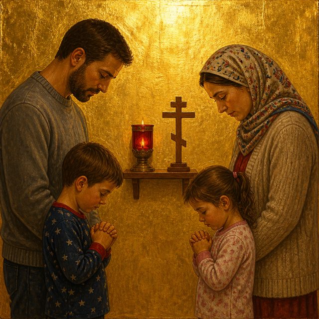 A family prays together at the vigil lamp in their home