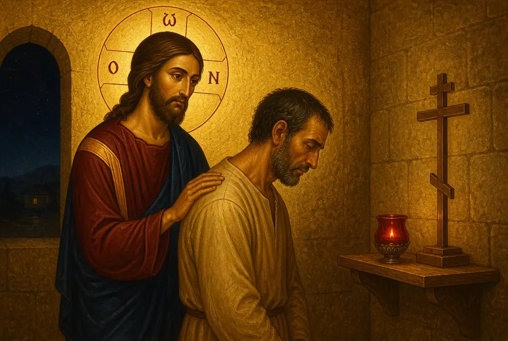 Christ rests His hand on the shoulder of a weary man at the end of a hard day