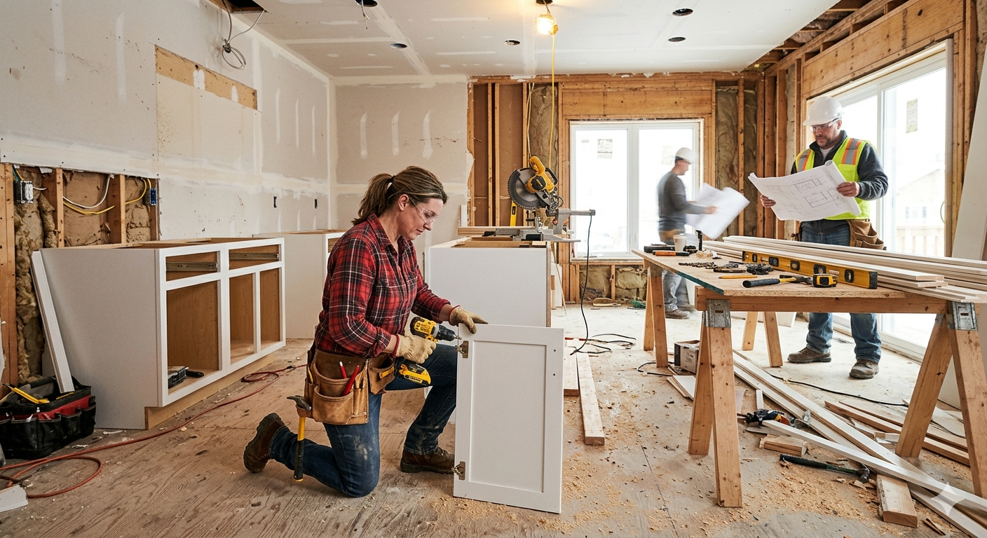A woman installs a cabinet door in a kitchen under renovation while two other workers look at plans in the background.