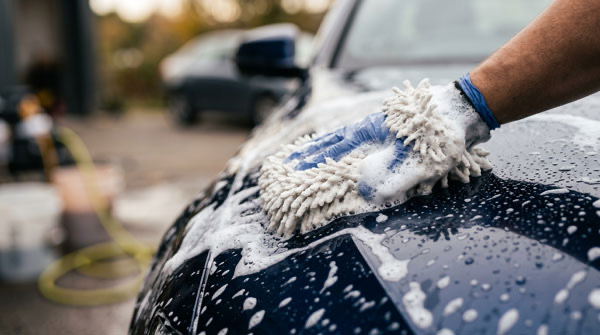 Professional detailer hand washing a car exterior with microfiber mitt and suds in Broward County