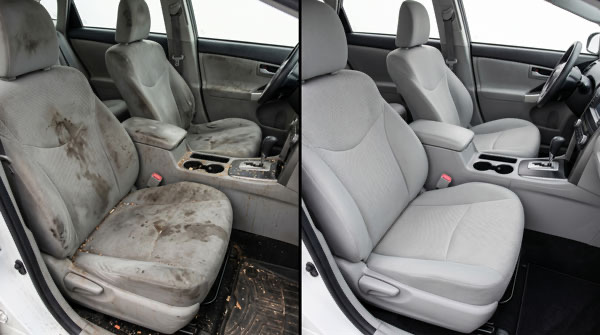 Before and after interior shampoo showing stained car seats fully cleaned and restored