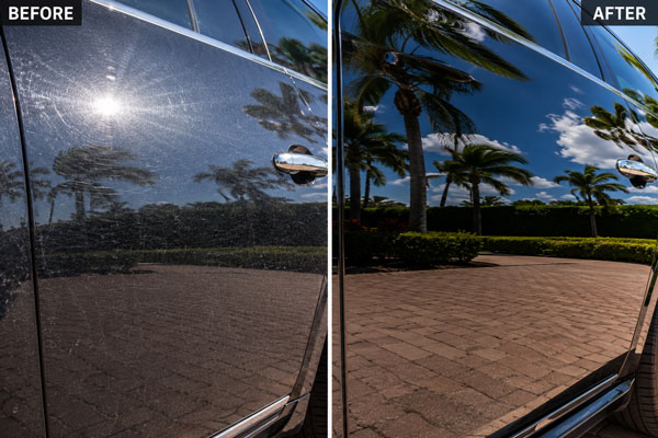 Before and after paint correction showing water spots and oxidation removed from a car in South Florida