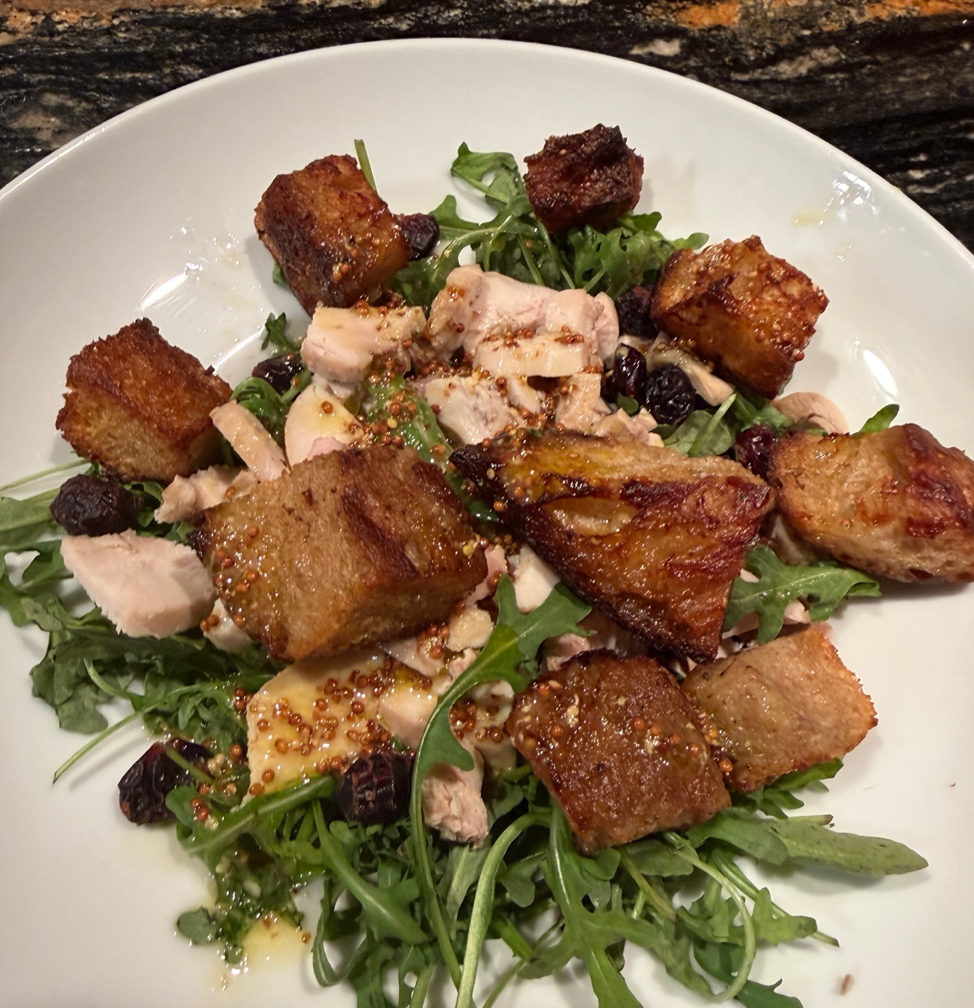 Roast chicken with warm bread salad