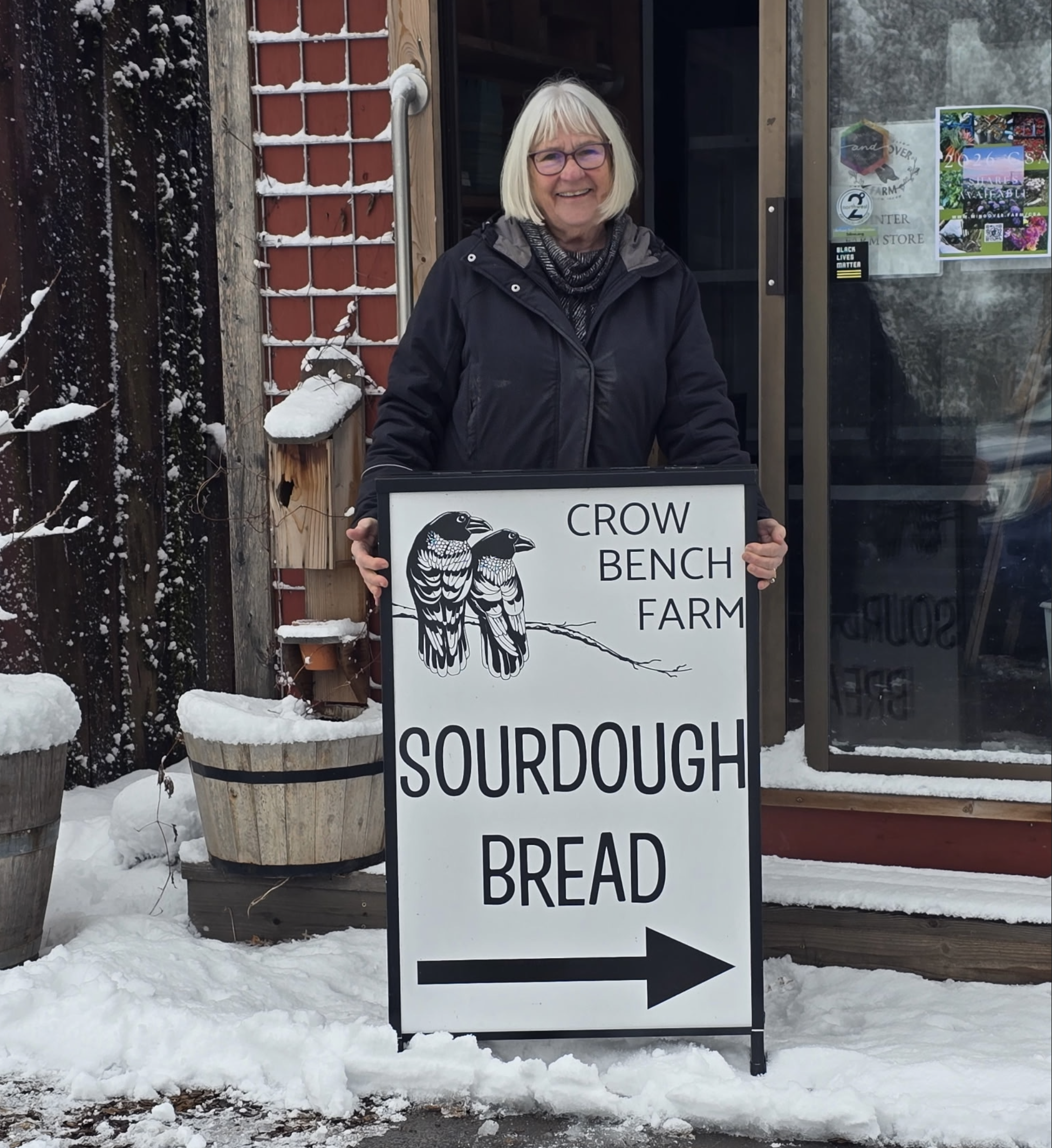 Jan with her bread sign at Crow Bench Farm