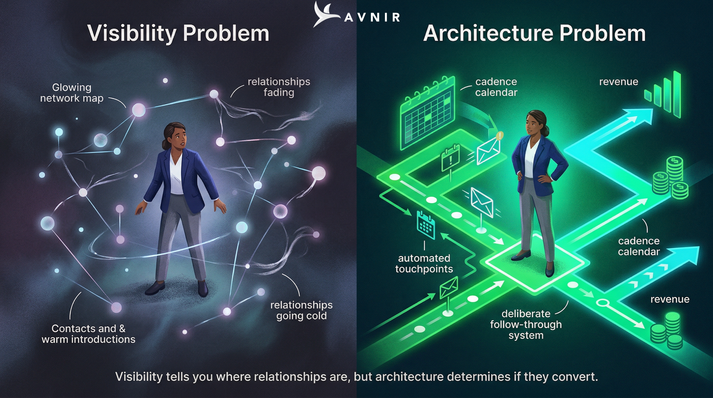 Illustration contrasting heroics-based BD (effort, motivation, memory) with system-based BD (architecture that compounds).