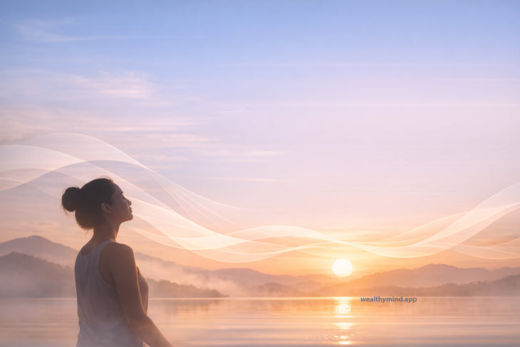 Breathwork woman by the lake