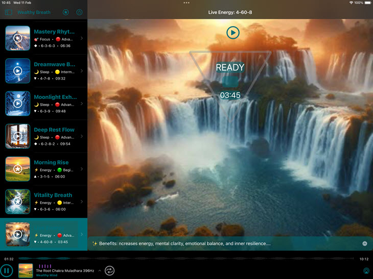 Wealthy Breath App on tablet 4-60-8 breathing pattern