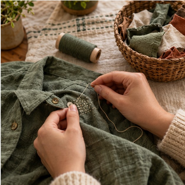 Mending a green shirt with needle and thread