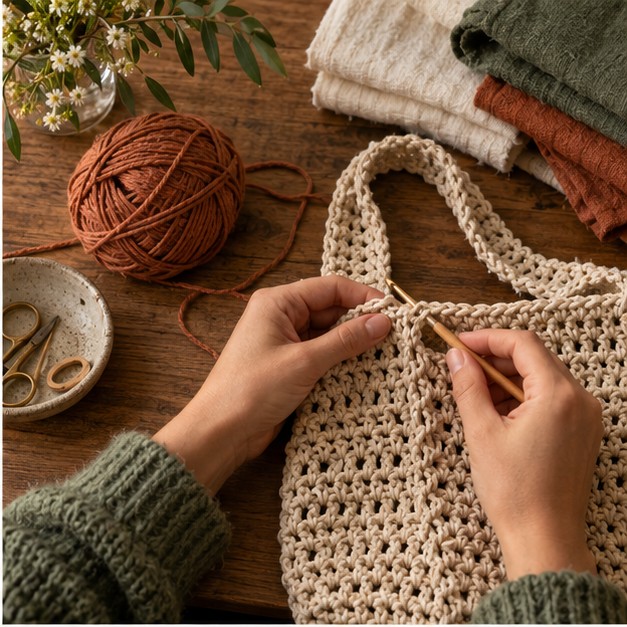 Hands working on a cream crochet bag