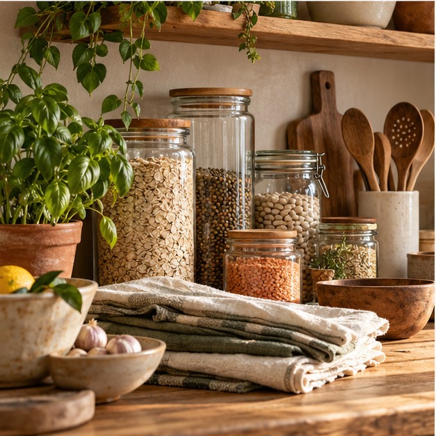 Glass pantry jars and reusable kitchen cloths