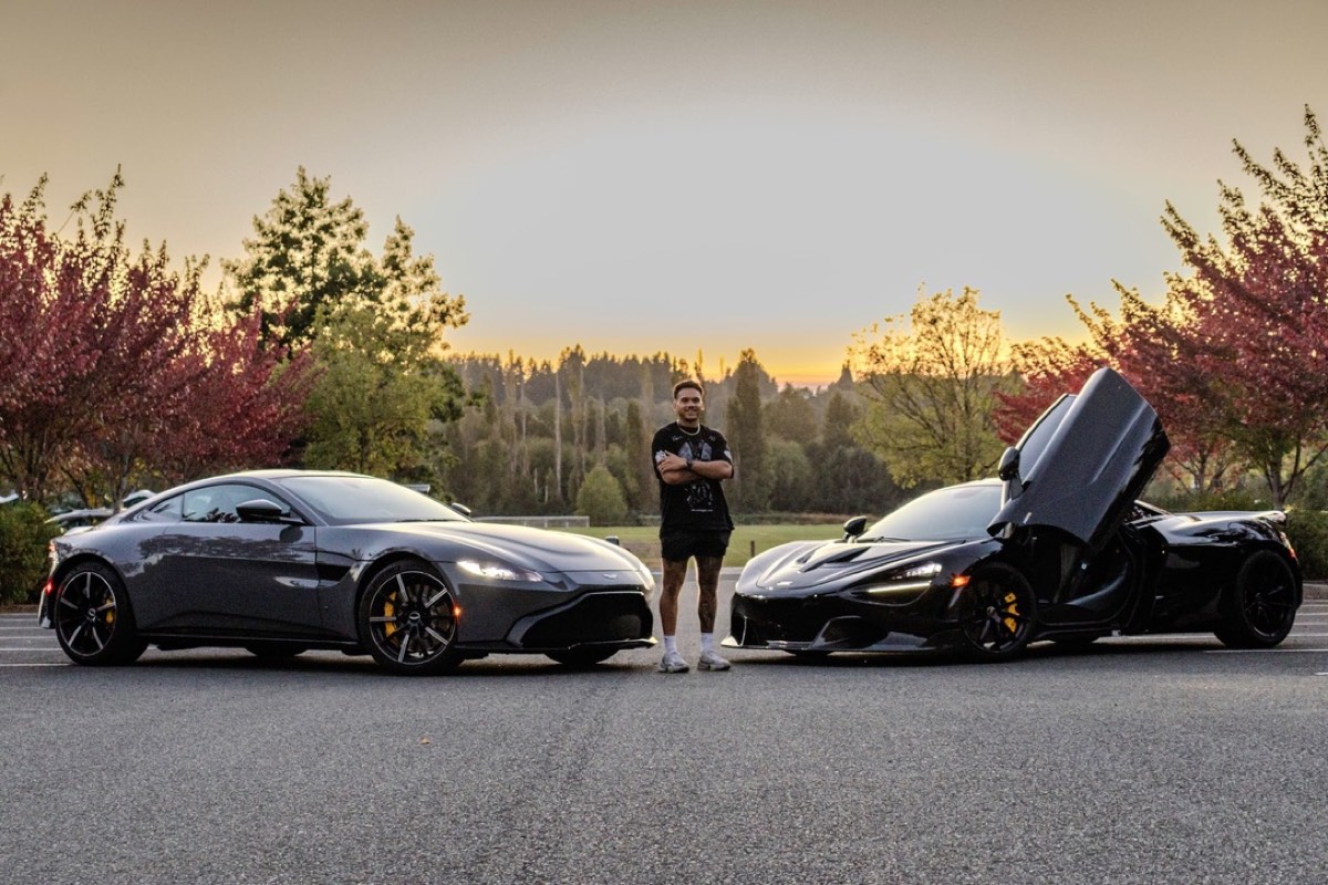 Max, founder of Paladin Exotics, with the Aston Martin Vantage and McLaren 720S at sunset