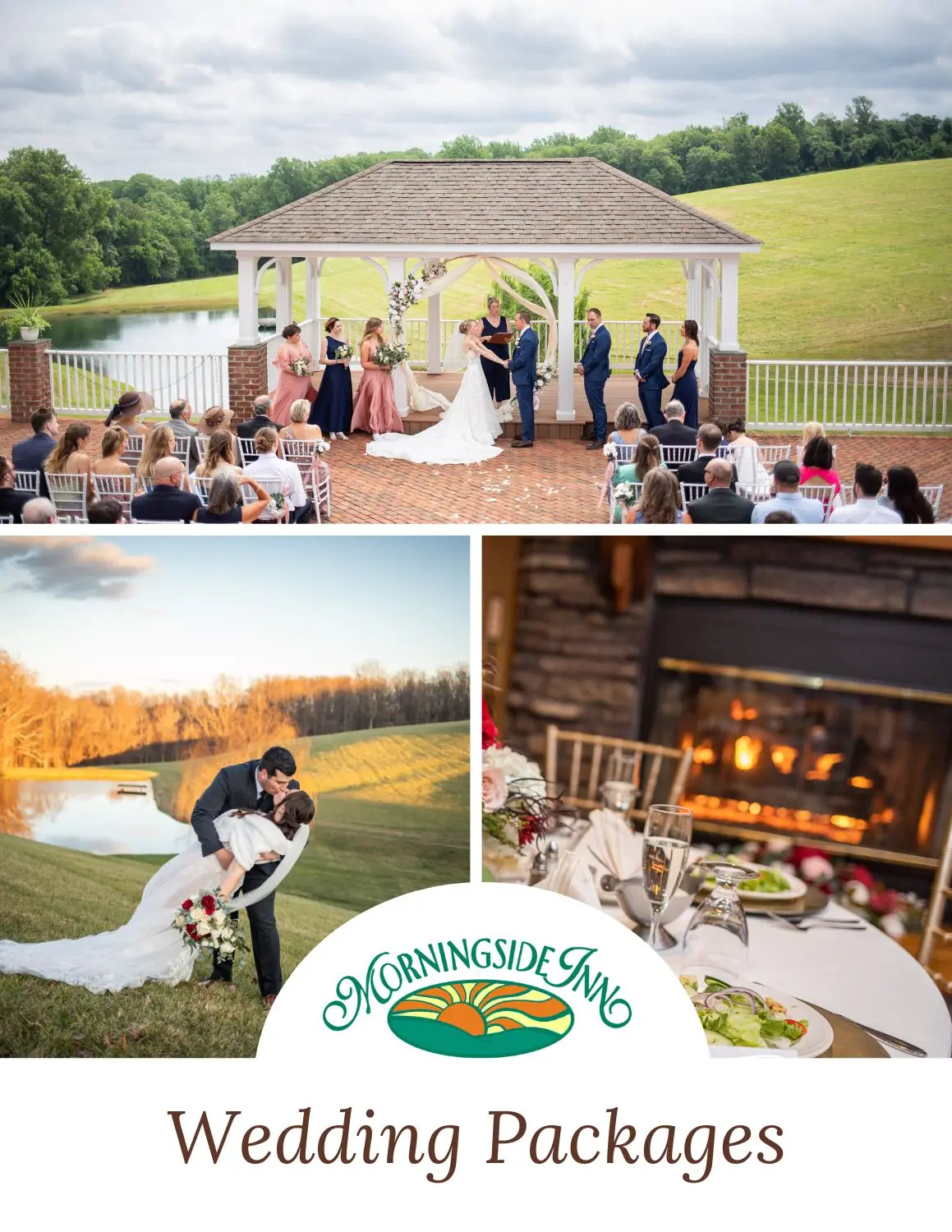 Wedding ceremony at Morningside Inn with couple exchanging vows under gazebo, surrounded by guests, and scenic outdoor backdrop; additional images of couple sharing a kiss and elegantly set dining table with fireplace.