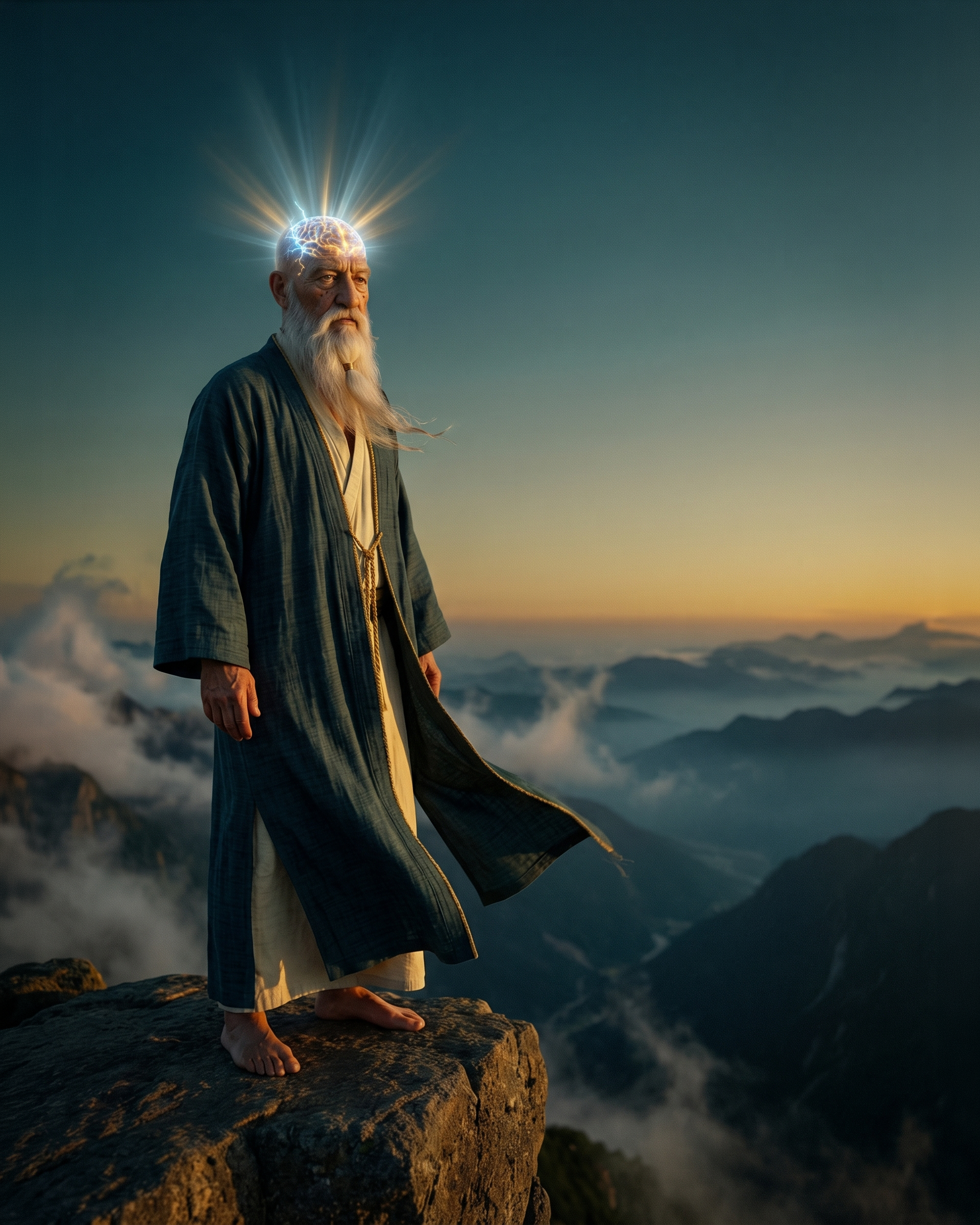 The Sage — meditative portrait against pure darkness.