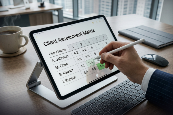 Client Energy Audit scoring framework worksheet being completed for business optimization