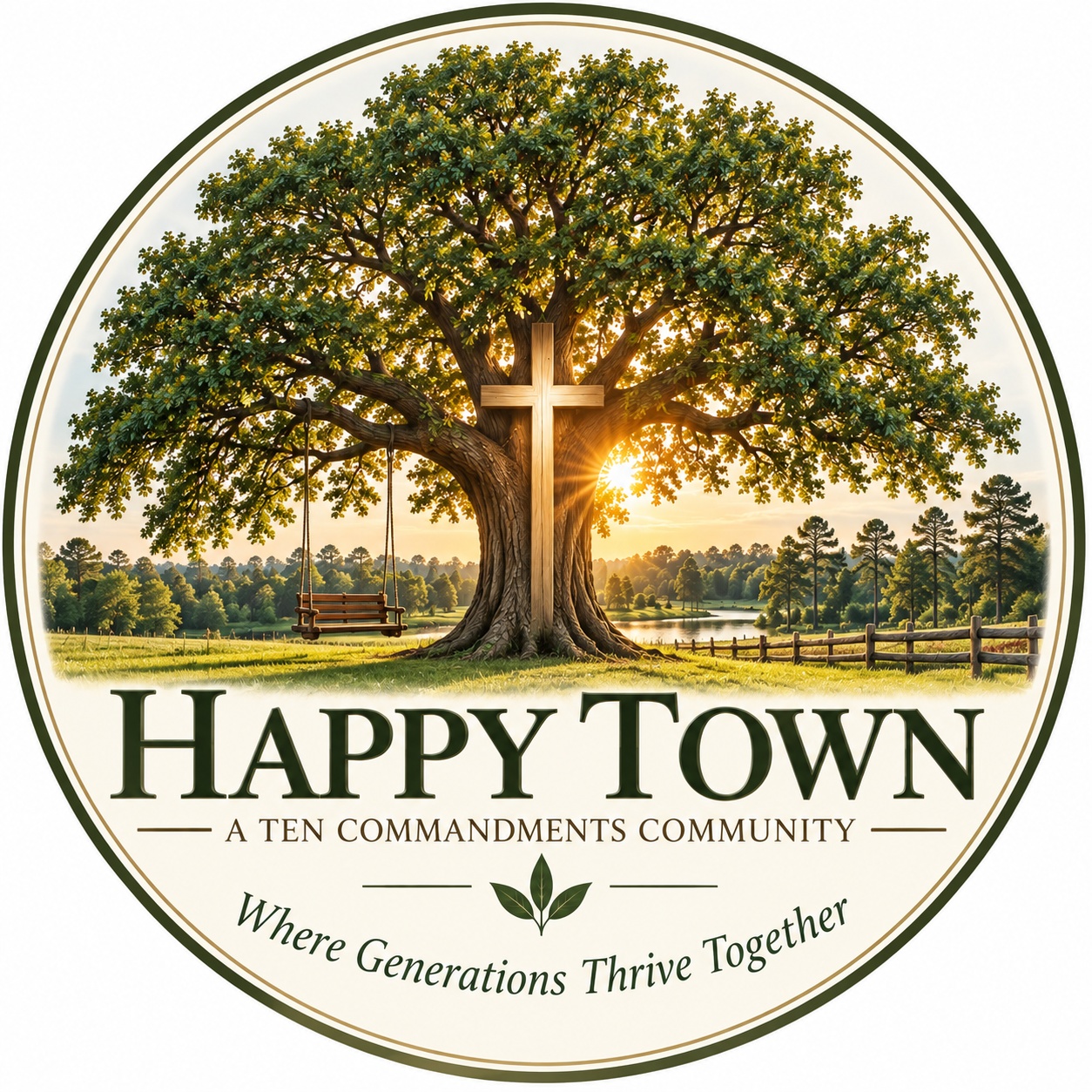 Happy Town's illustrated logo: a sunlit oak tree, cross, porch swing, and countryside