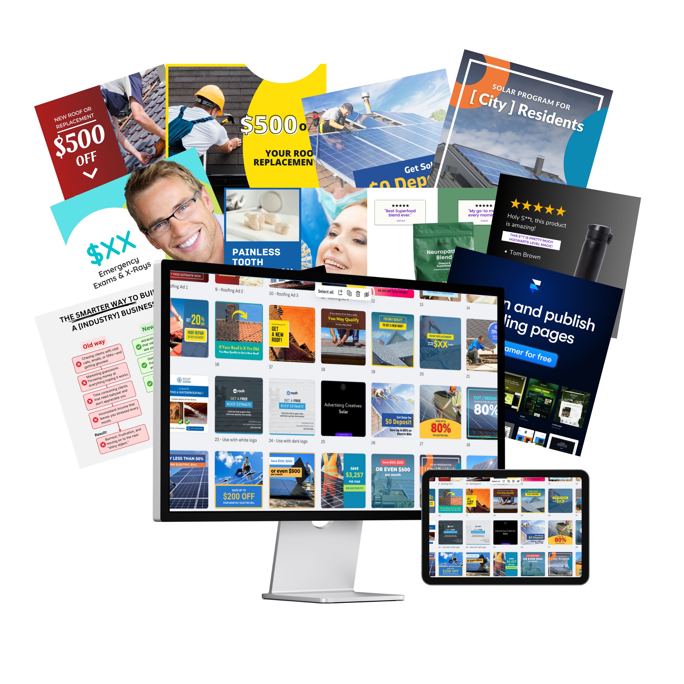 500+ ad templates library shown on desktop monitor