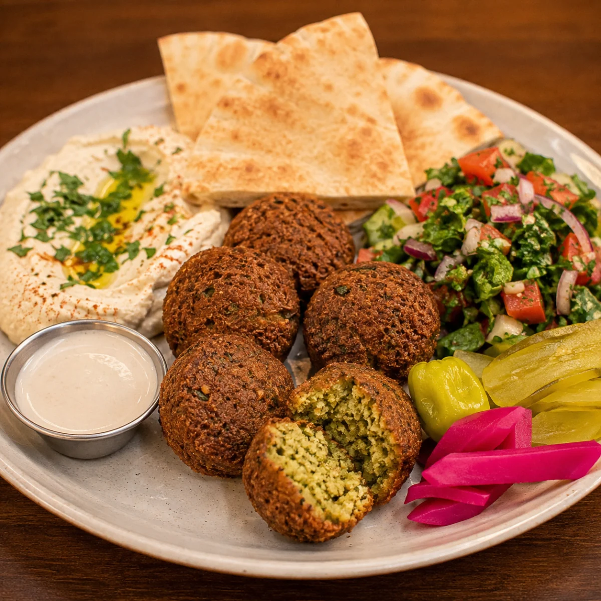 Crisp falafel plate with Mediterranean sides at Pita House Big Bear Lake