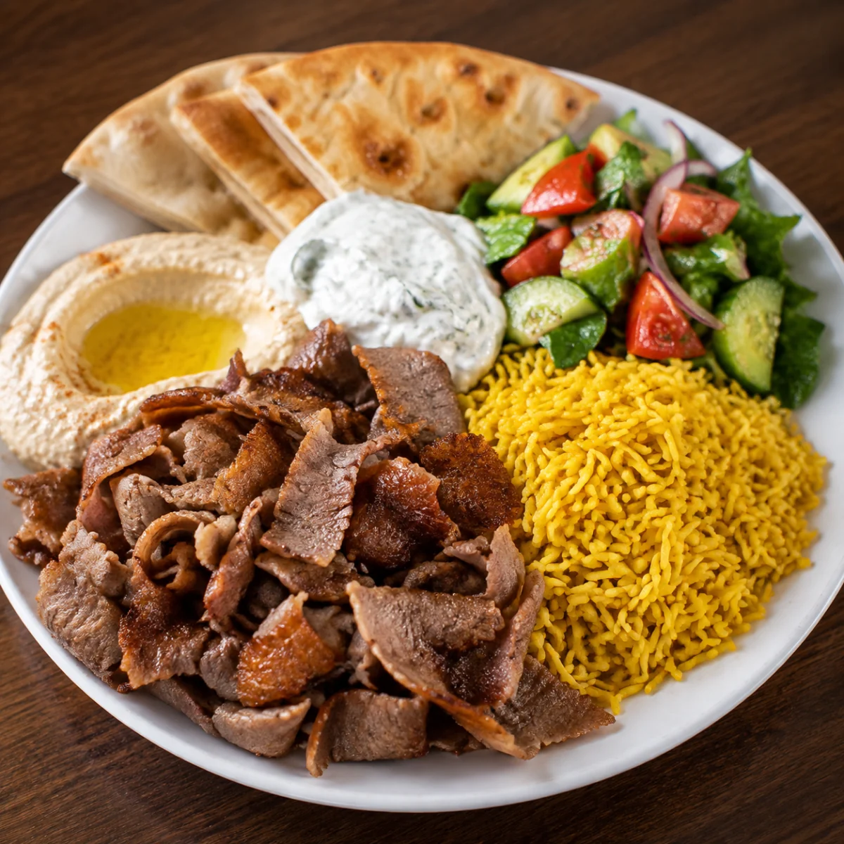 Lamb and beef gyro plate with rice, hummus, pita, and Mediterranean salad at Pita House Big Bear Lake