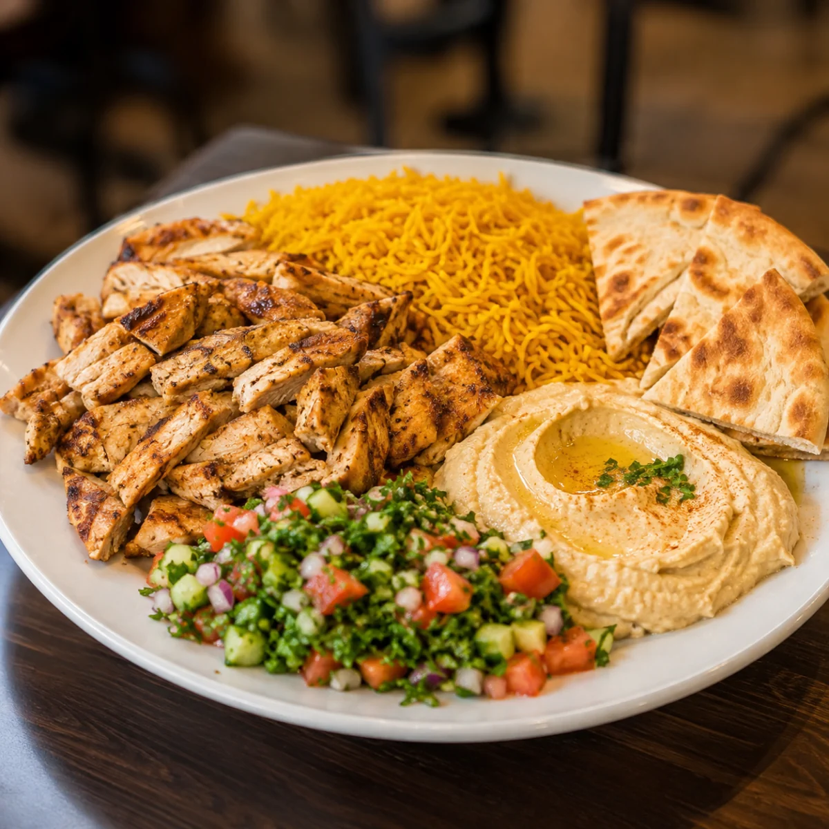 Chicken shawarma plate with rice, hummus, pita, and salad at Pita House Big Bear Lake