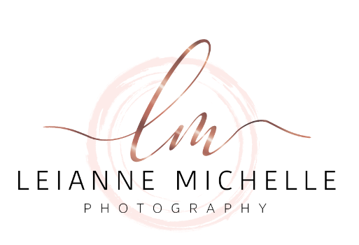 Leianne Michelle Photography logo featuring elegant rose-gold script initials ‘LM’ over a soft blush watercolor circle, with modern black uppercase text reading ‘LEIANNE MICHELLE PHOTOGRAPHY’ on a clean white background