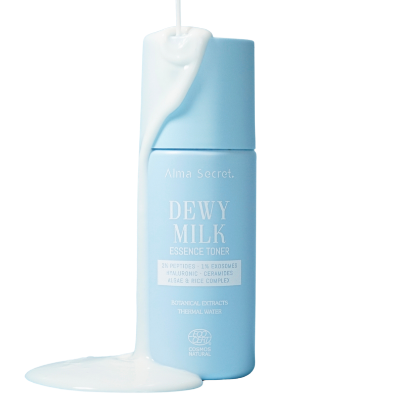 Botella de tónico-esencia Dewy Milk 125 ml de Alma Secret sobre fondo claro.