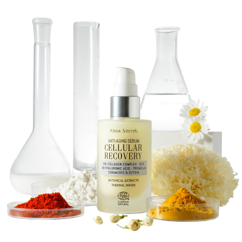 Frasco de sérum facial Cellular Recovery 50 ml de Alma Secret sobre fondo claro.